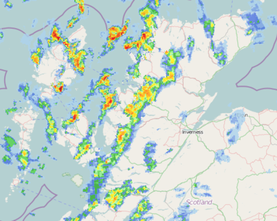 Rain radar over north west Scotland