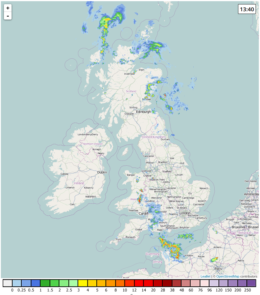 Rain radar showing thunderstorm over Wales