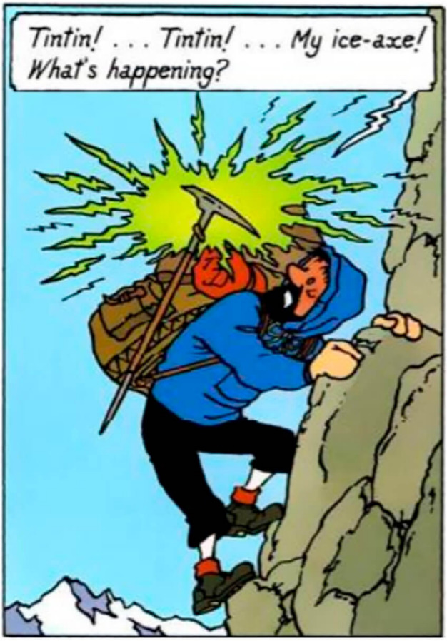 TinTin's climbing partner gets worried by St Elmo's Fire